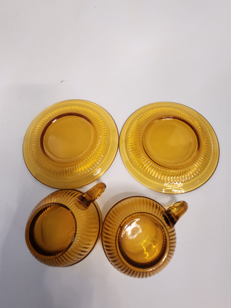 2 Mid Century Amber Glass cup and saucer sets - photo 5