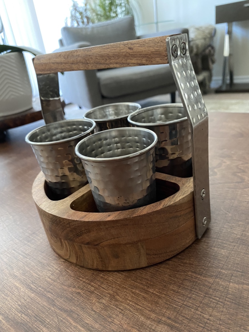 Beautifully crafted solid wood with for hammered brass cups. thumbnail