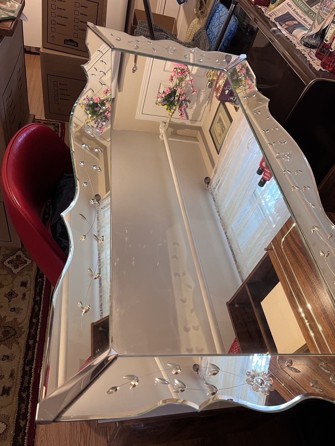 Large mirror vintage etched cornflowers