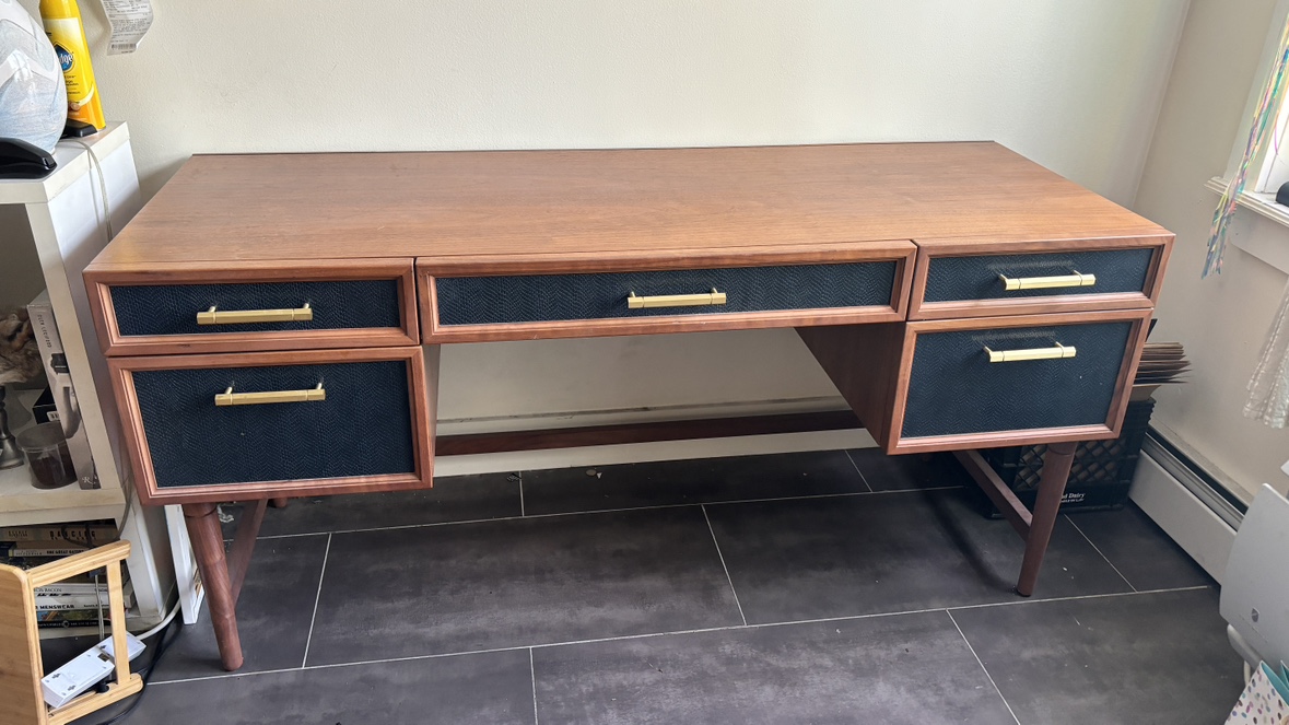 Solid Walnut Double Drawer Desk with Brass Metals Pulls