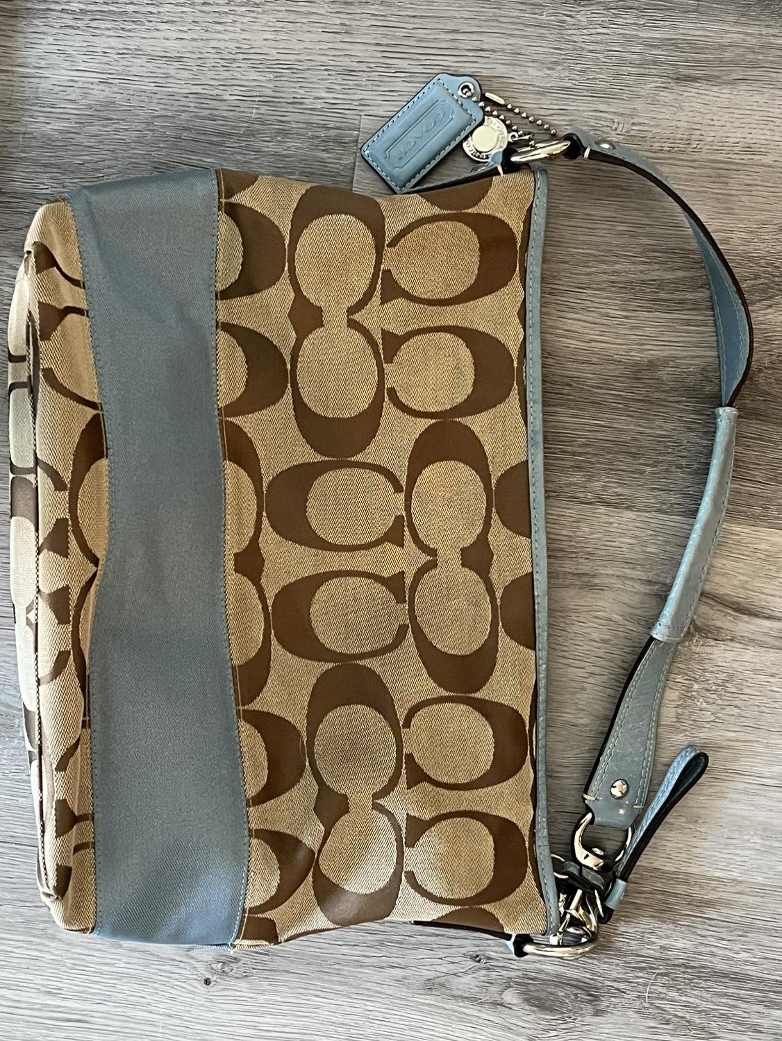 Coach Signature C Brown Canvas Blue Striped Leather Trim