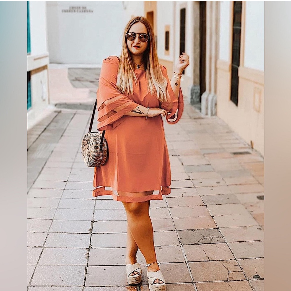 ⚽️NWOT Crewneck Mesh Panel 3/4 Bell Sleeve Loose Tunic Dress