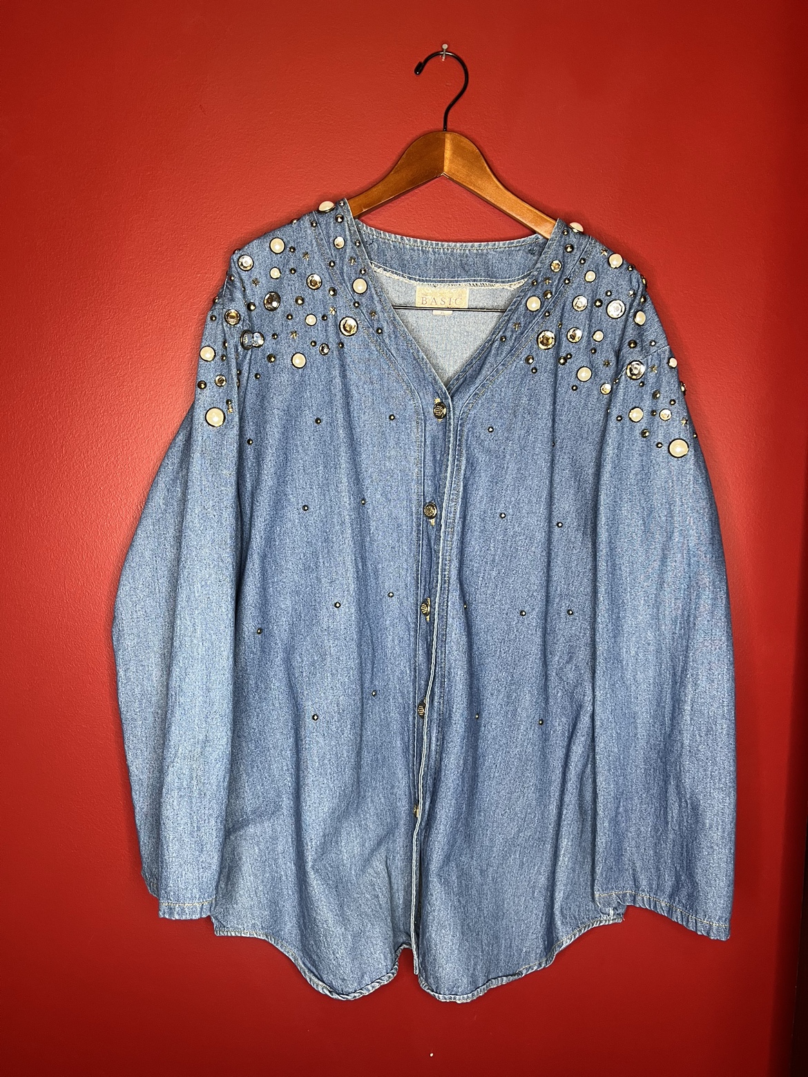 Oversized, long vintage Jean shirt with rhinestones
