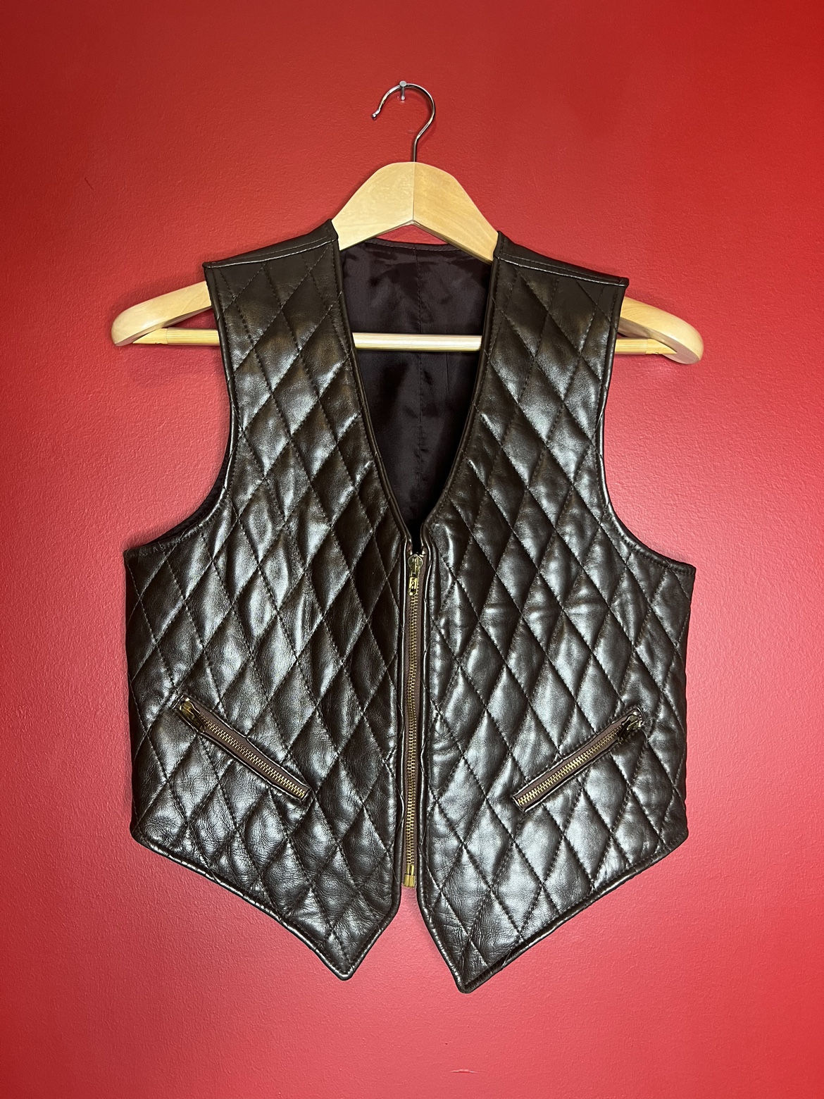 Deep brown QUILTED leather vest! Made in the USA!