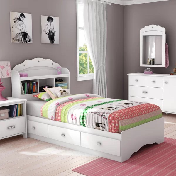 White Twin Bed Frame with Built-in Bookshelves
