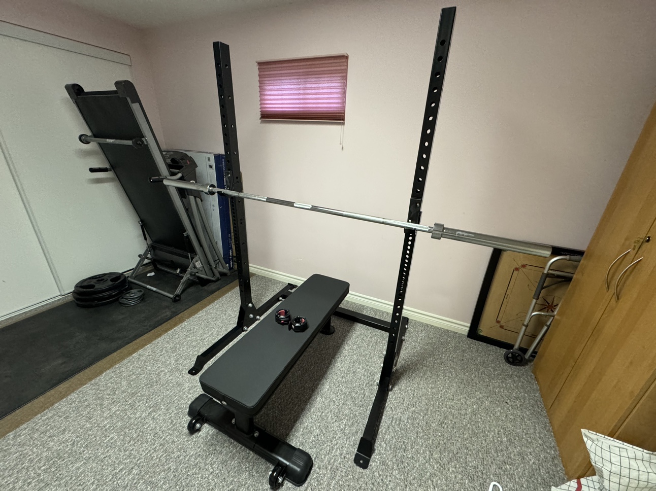 Barbell with bench, plates, and rack