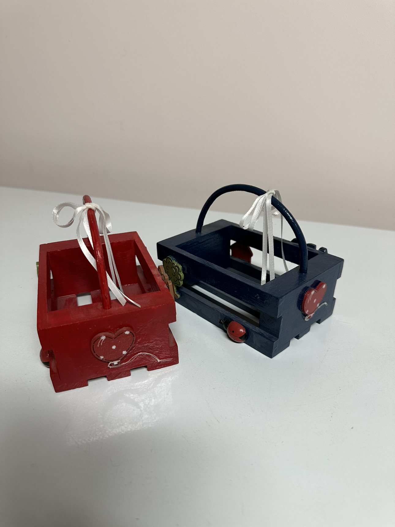 2 Decorated Mini Wooden Baskets with Handles