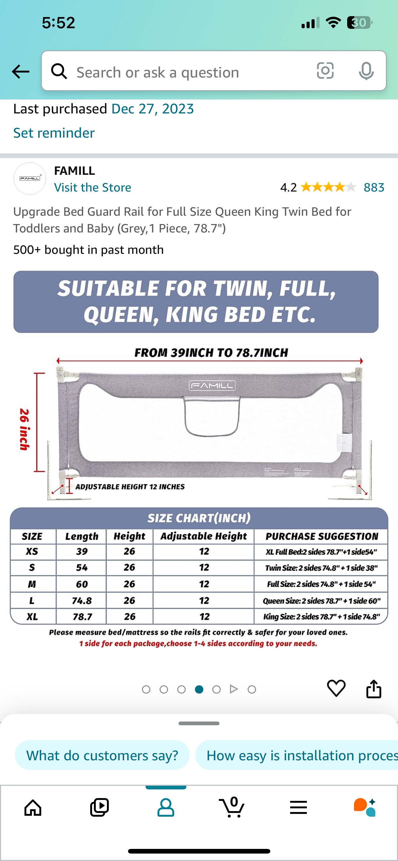 Bed Rail /Guard/ fence Grey,1 Piece, 78.7" ⚽️ - photo 5