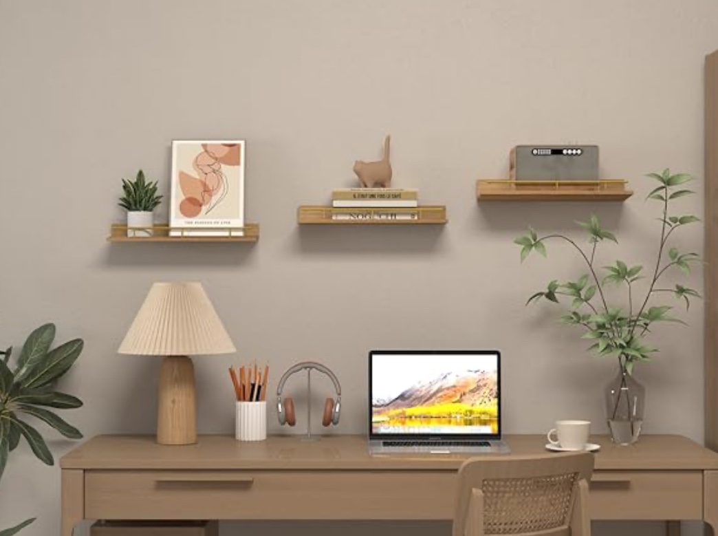 3 PCS Wall Shelves with Gold Metal Guardrail - photo 2