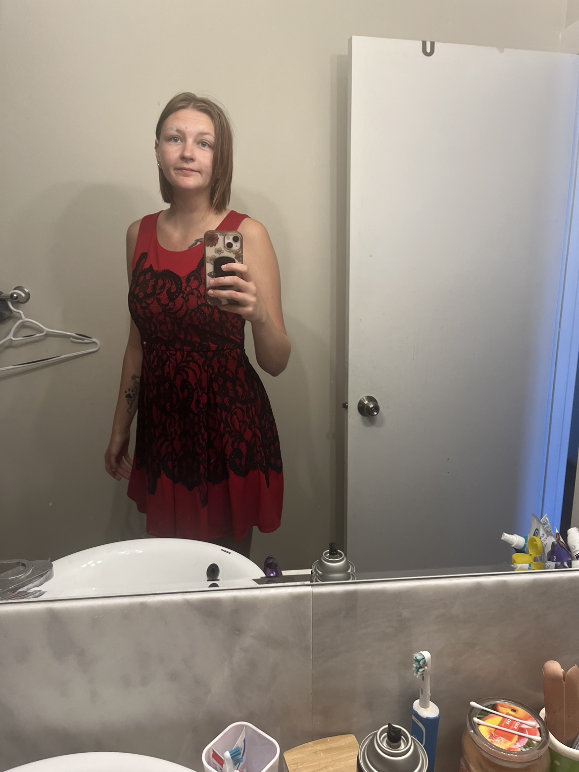 Red dress with black lace