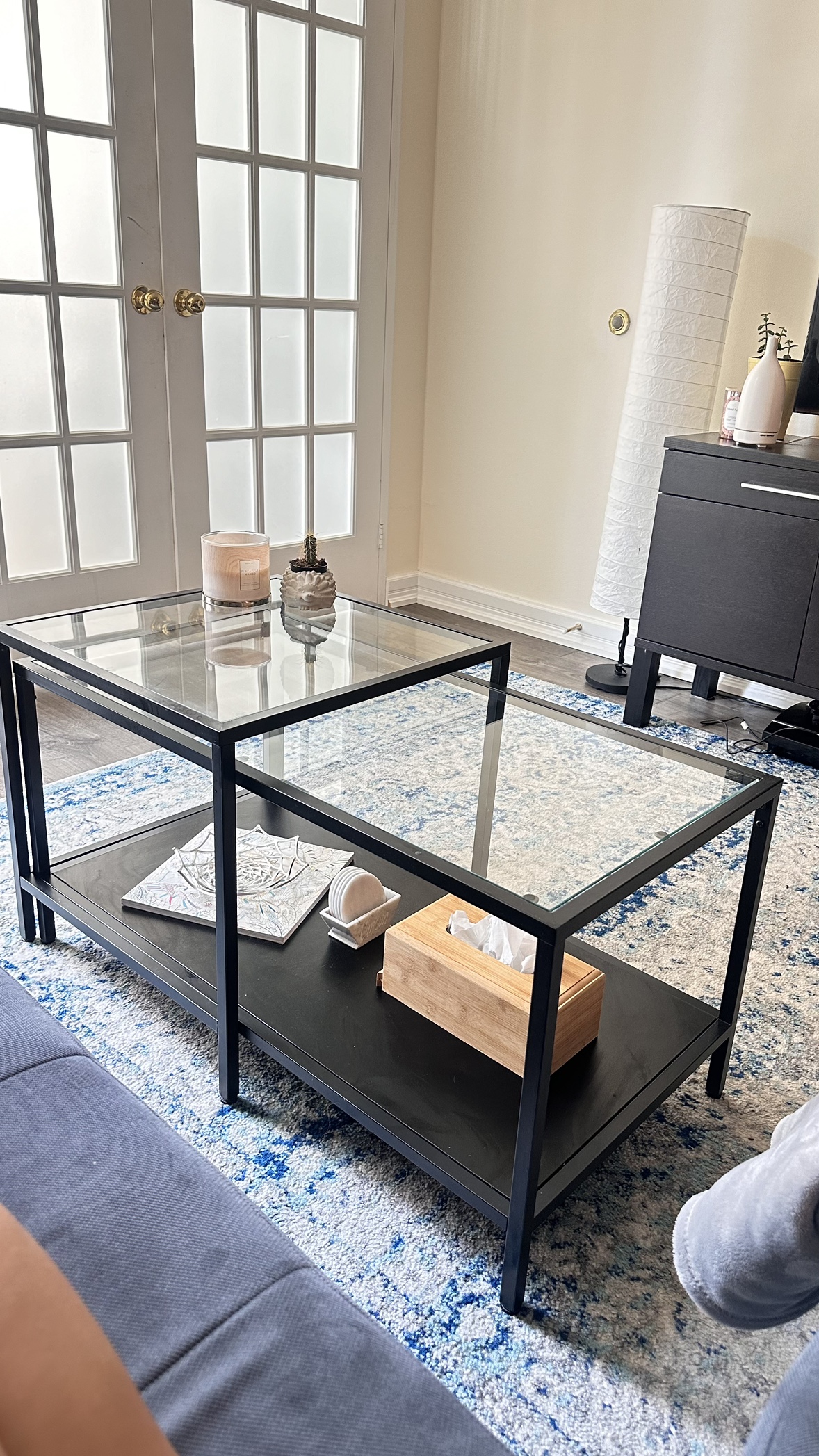 Modern Glass Nesting Coffee Table with Black Accents