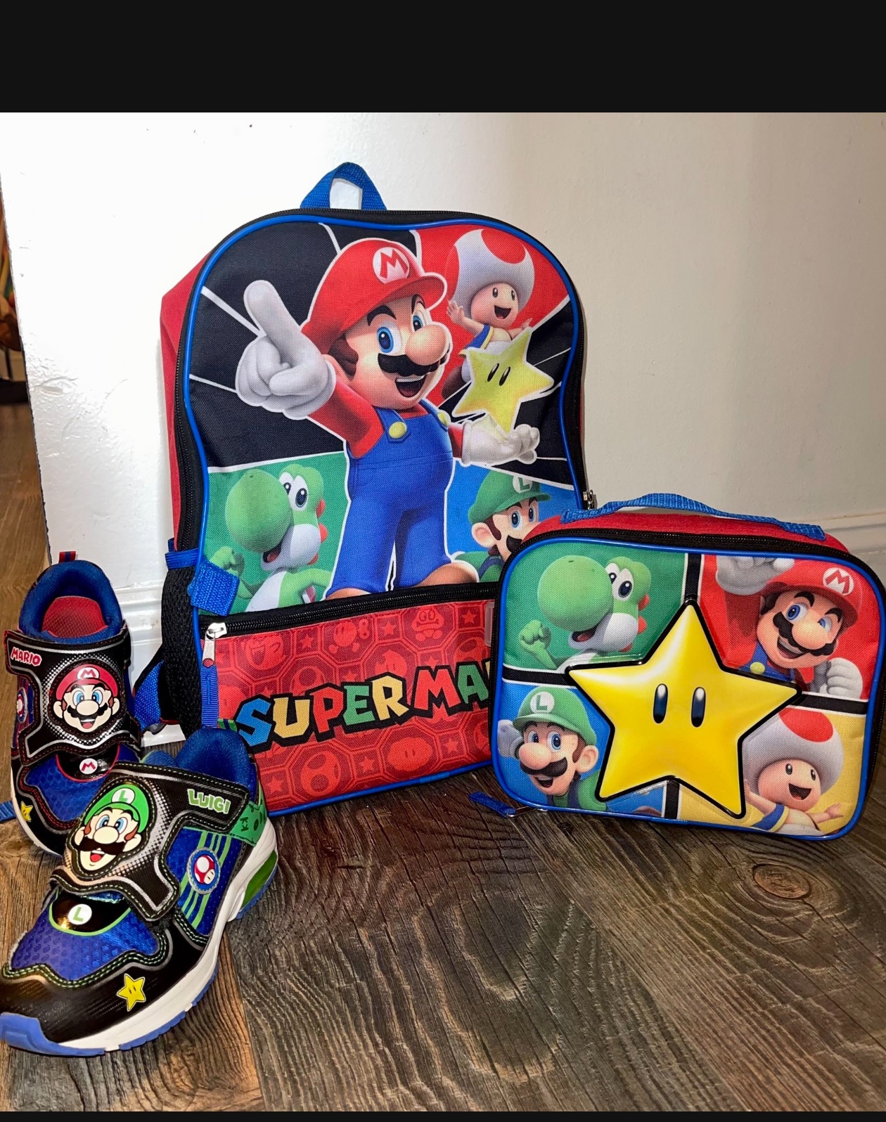 Super Mario Bros Backpack, Lunchbox, and Shoes