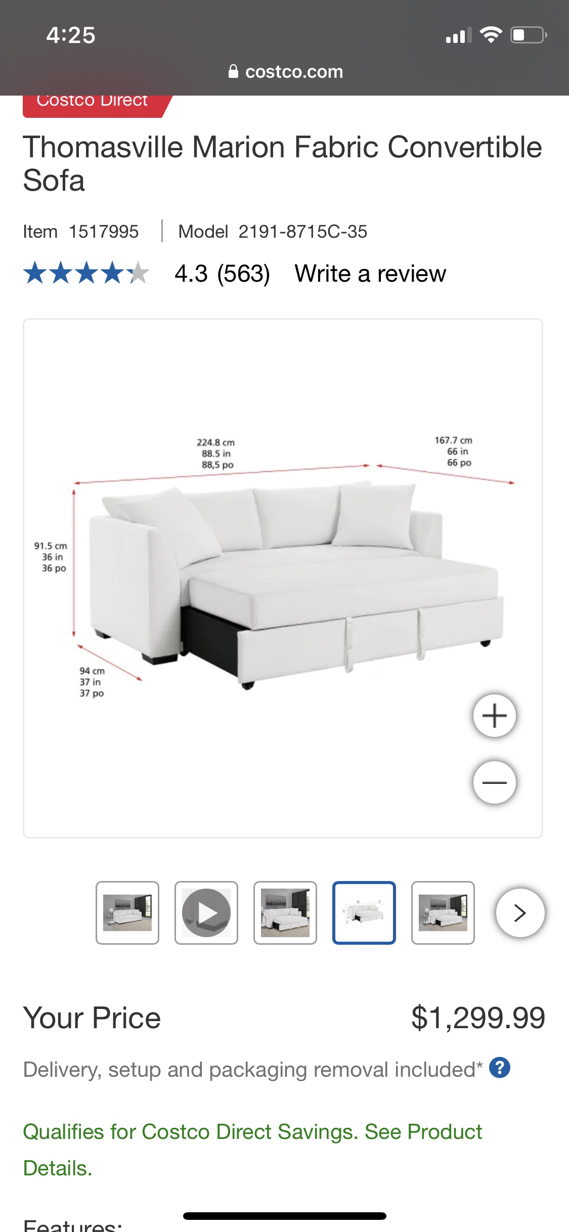 White pullout couch - Costco | $800 OBO - photo 3