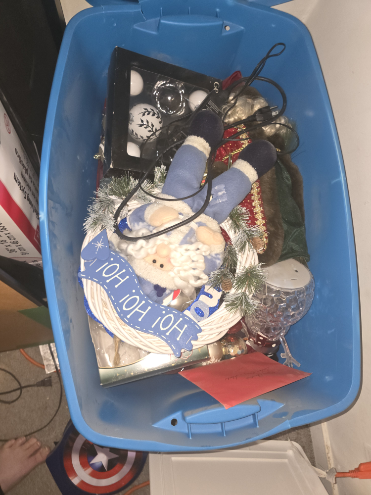 random box of Xmas decorations