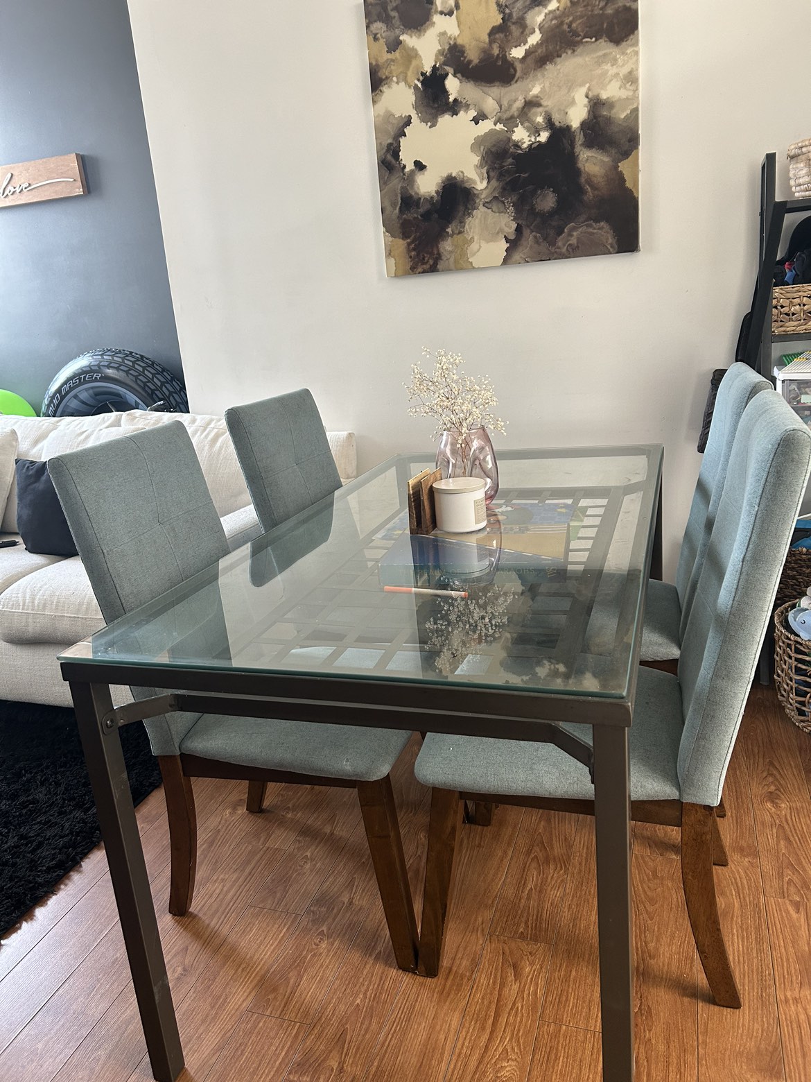 MOVING SALE! Glass dining table with chairs