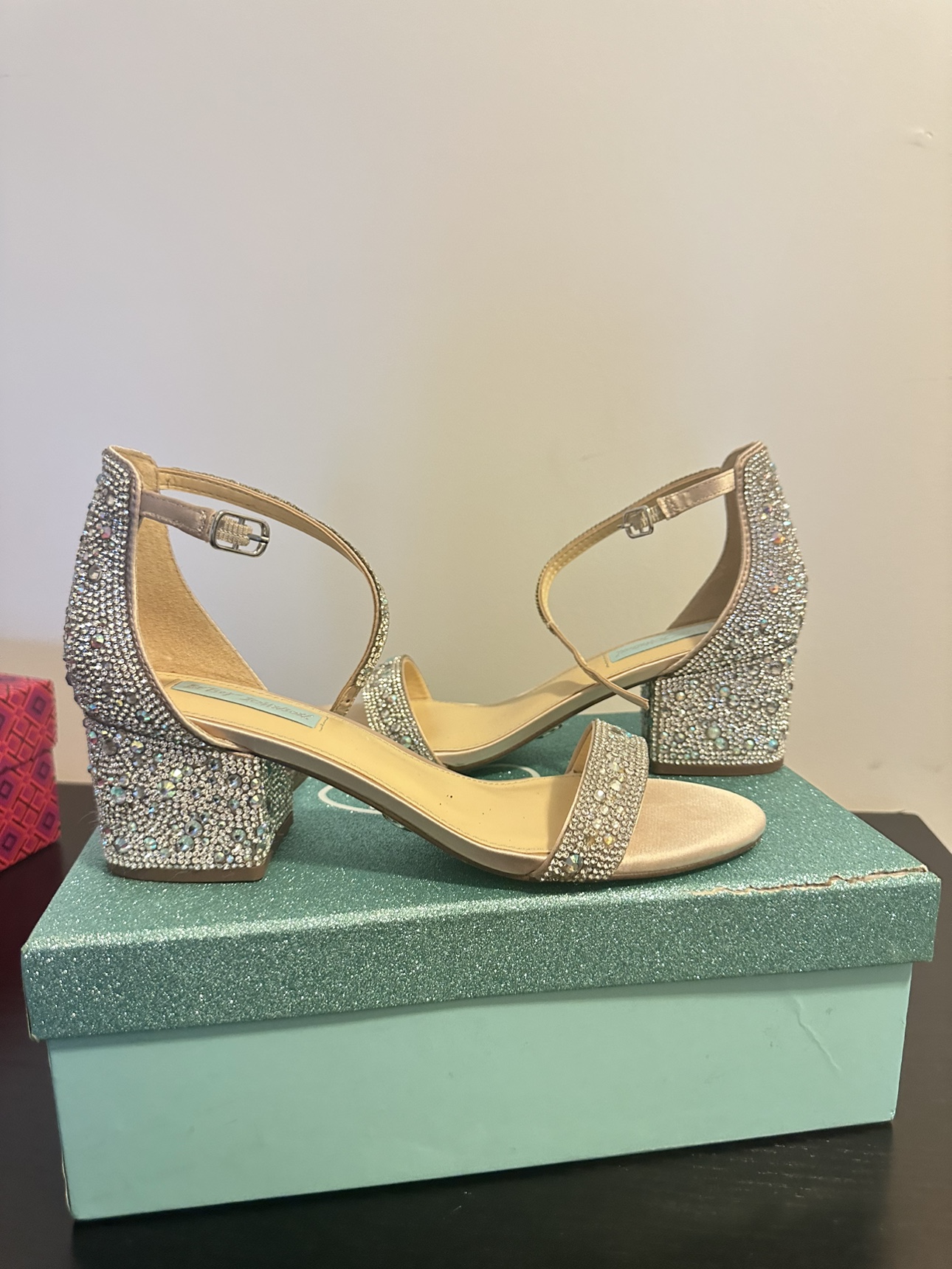 Size 8 Betsey Johnson Heels crystal brand new silver multi