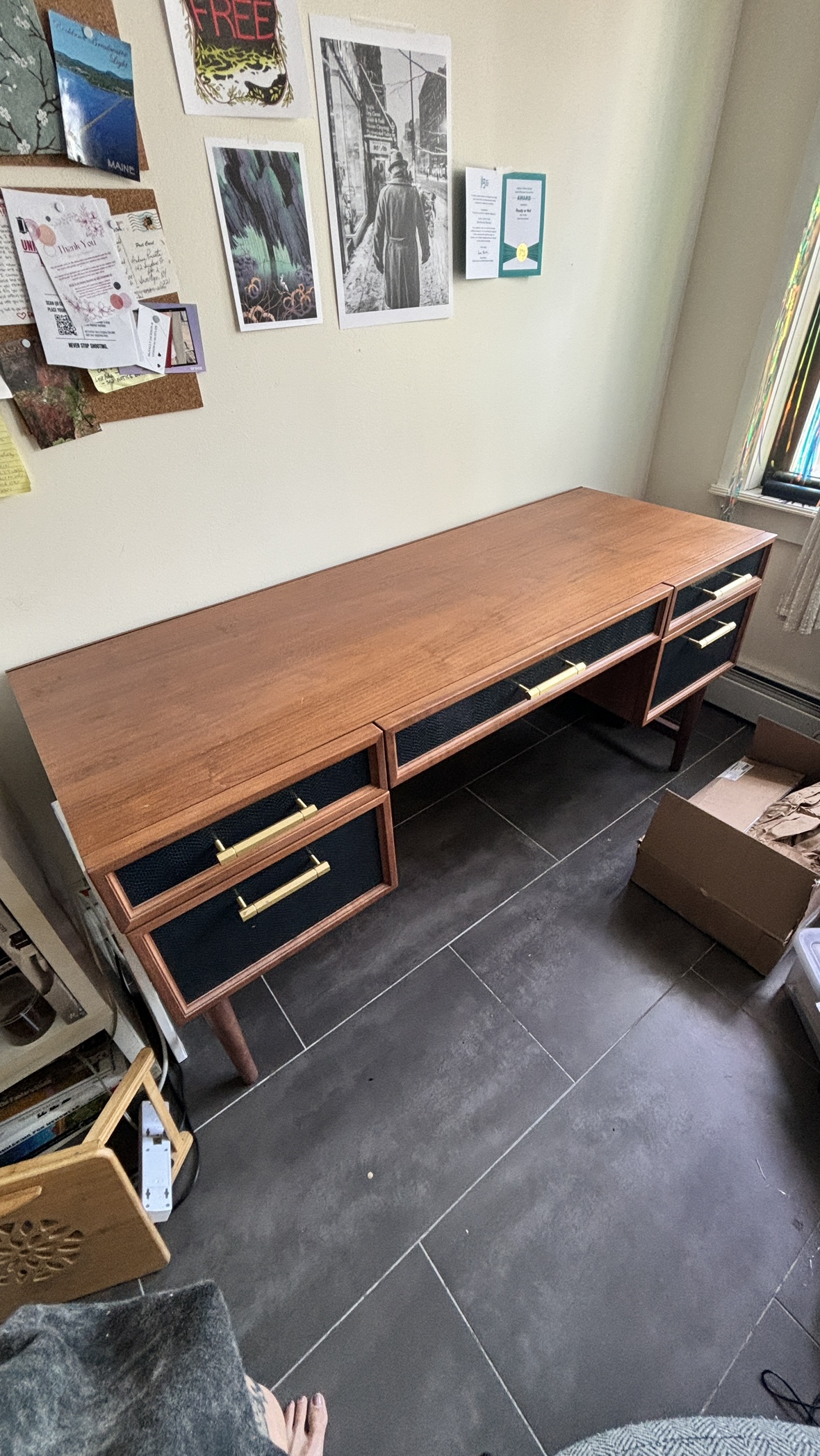 Solid Walnut Double Drawer Desk with Brass Metals Pulls - photo 5