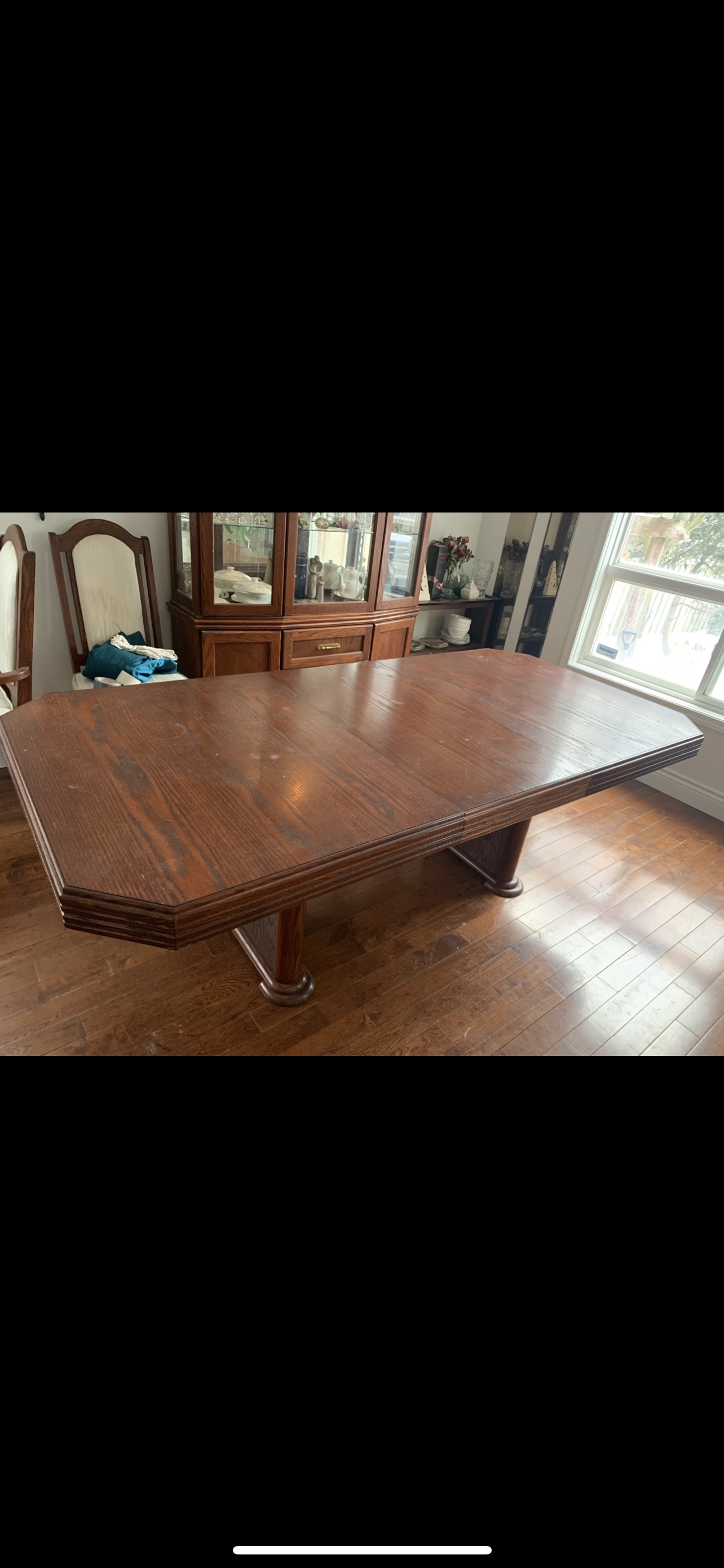 Dining table and cabinet 6 chairs. And extension table insert