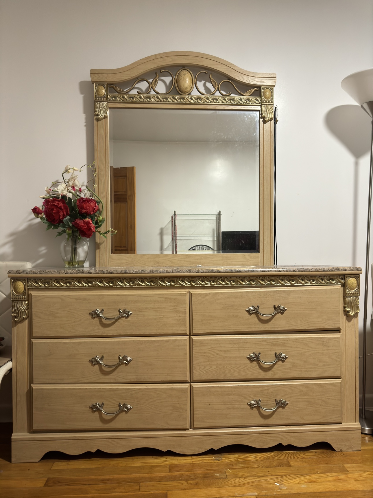 Ashley Dresser & Side Table - Oak & Faux Marble Top