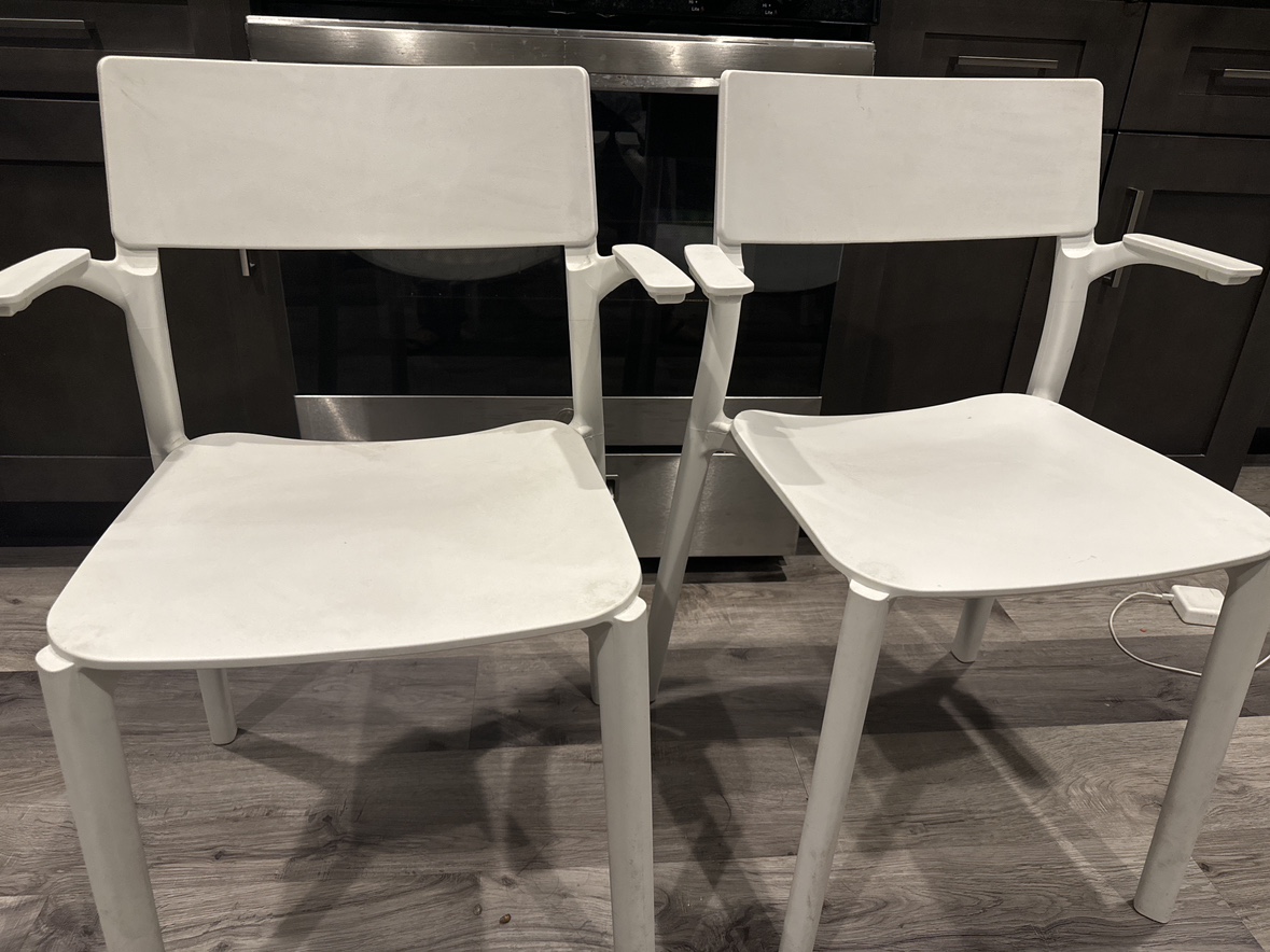 White IKEA JANINGE chairs with armrest