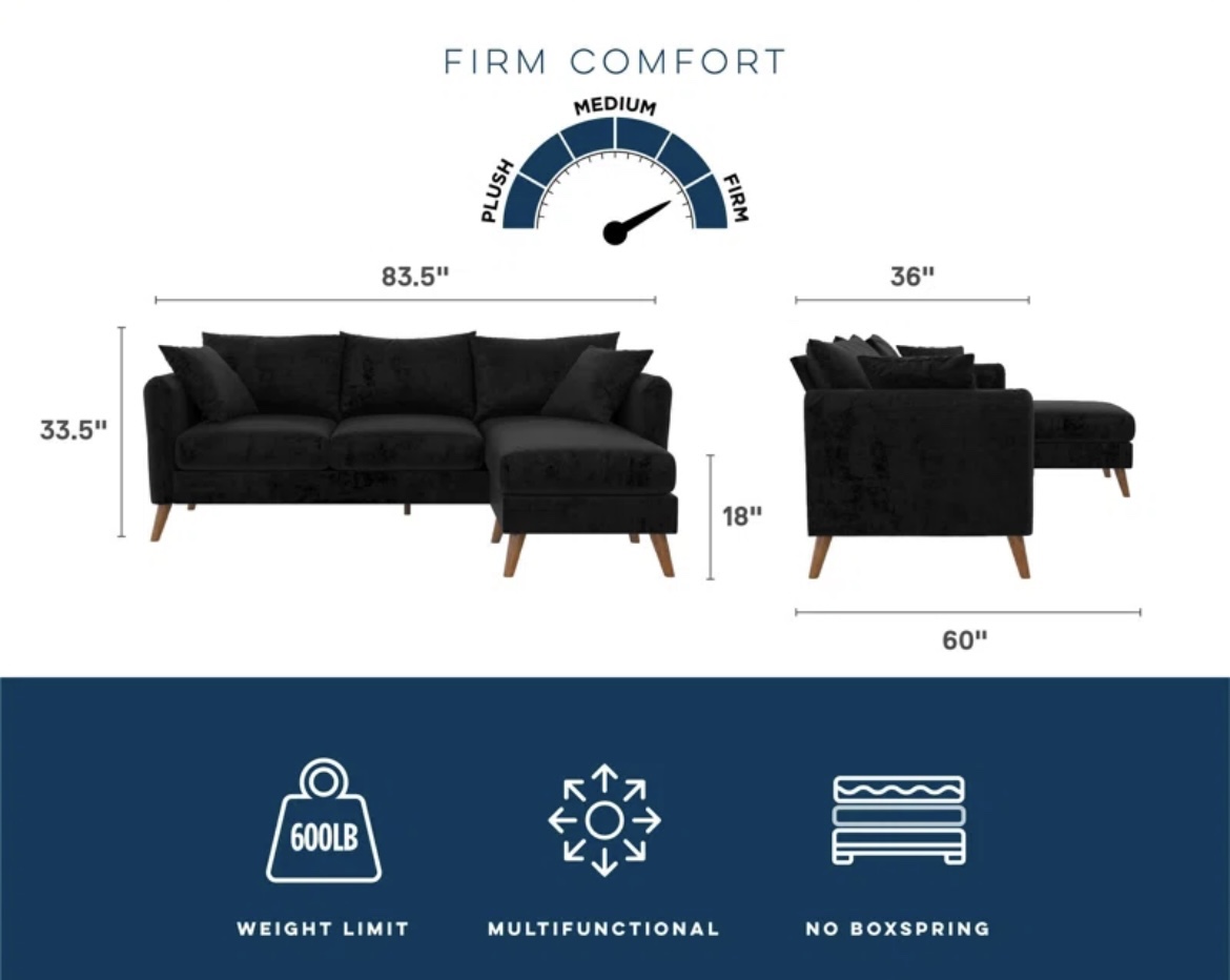 Black Velvet Sectional Sofa - photo 3