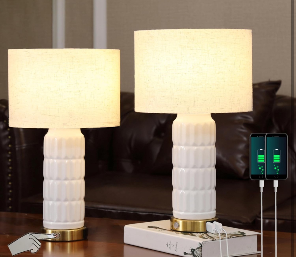 18" White Ceramic Table Lamps, Set of 2, with Touch Control