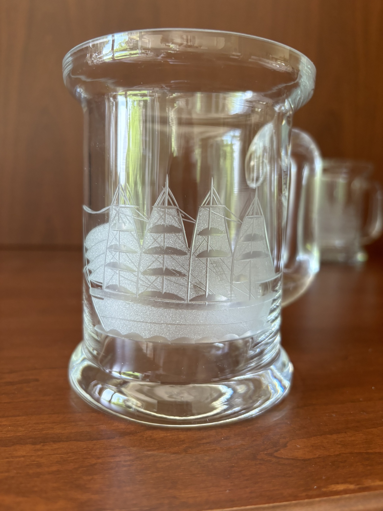 3 Vintage Glass Mugs With Etched Schooner image indicator(2)