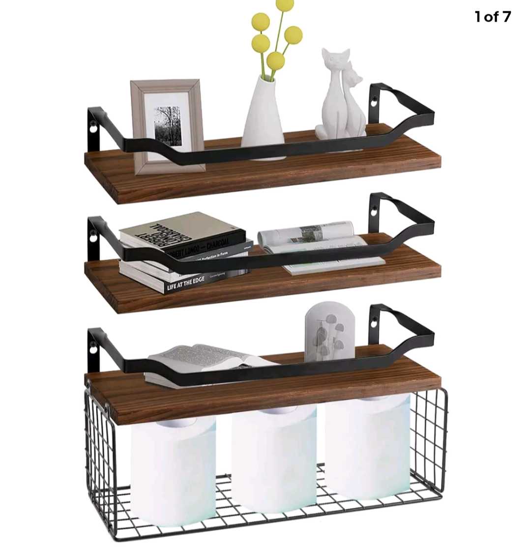 Brown Floating Shelves with Wire Basket, set of 3 ⚽ - photo 4