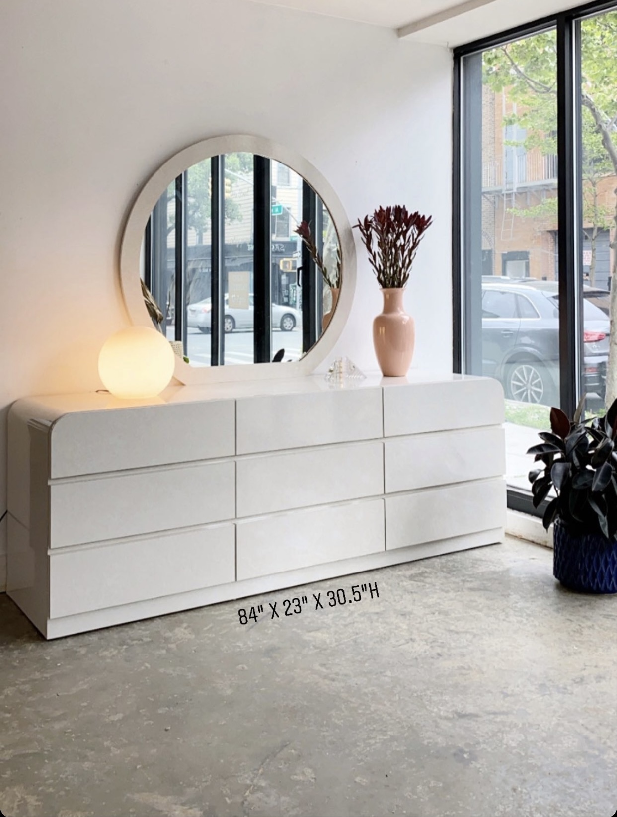 Waterfall dresser w/ matching mirror, postmodern antique