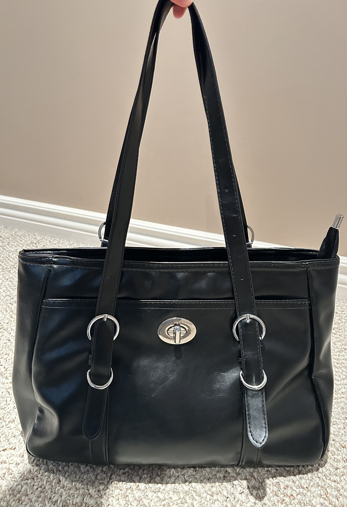 black leather tote bag