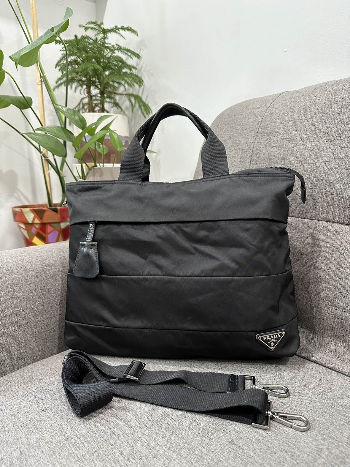PRADA Nylon 2-way Tote with shoulder strap silver hardware thumbnail