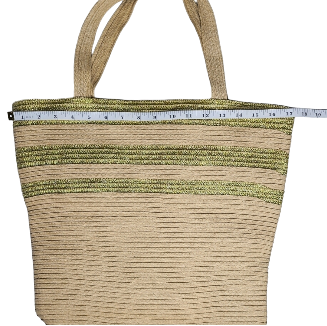 Paper Straw Tote Bag with Gold Stripes image indicator(6)