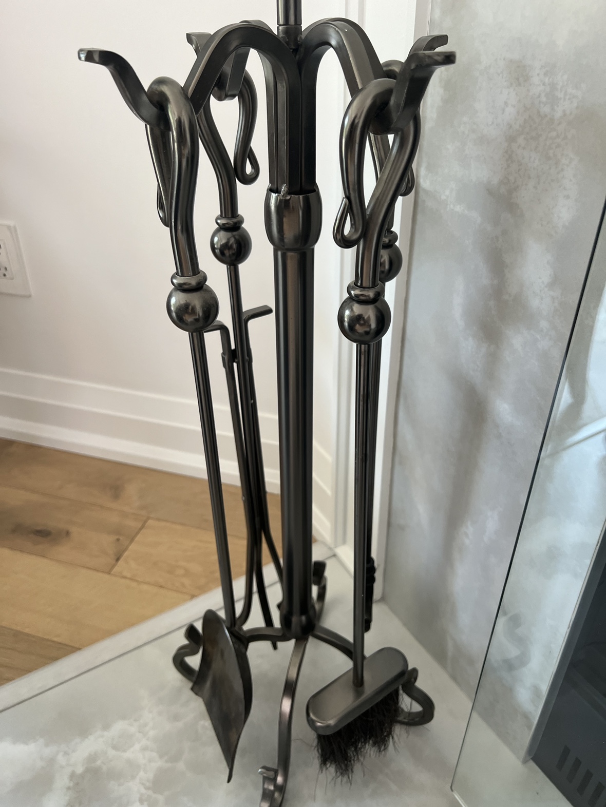 Four piece silver fireplace tool set thumbnail