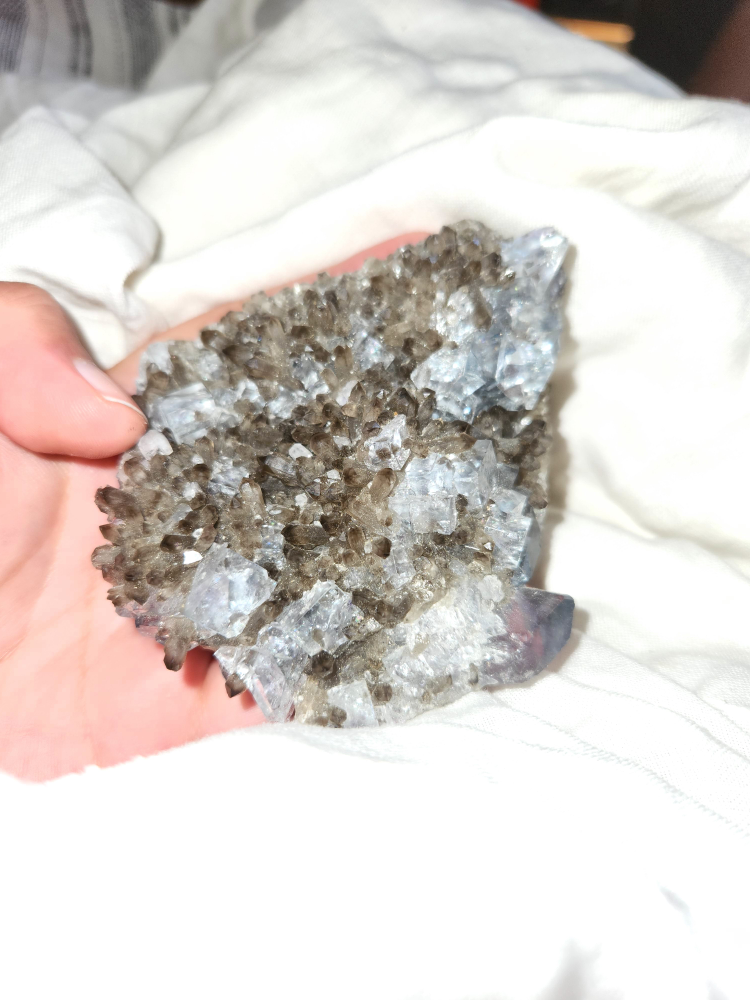Raw blue porceilian flourite and smokey quartz cluster