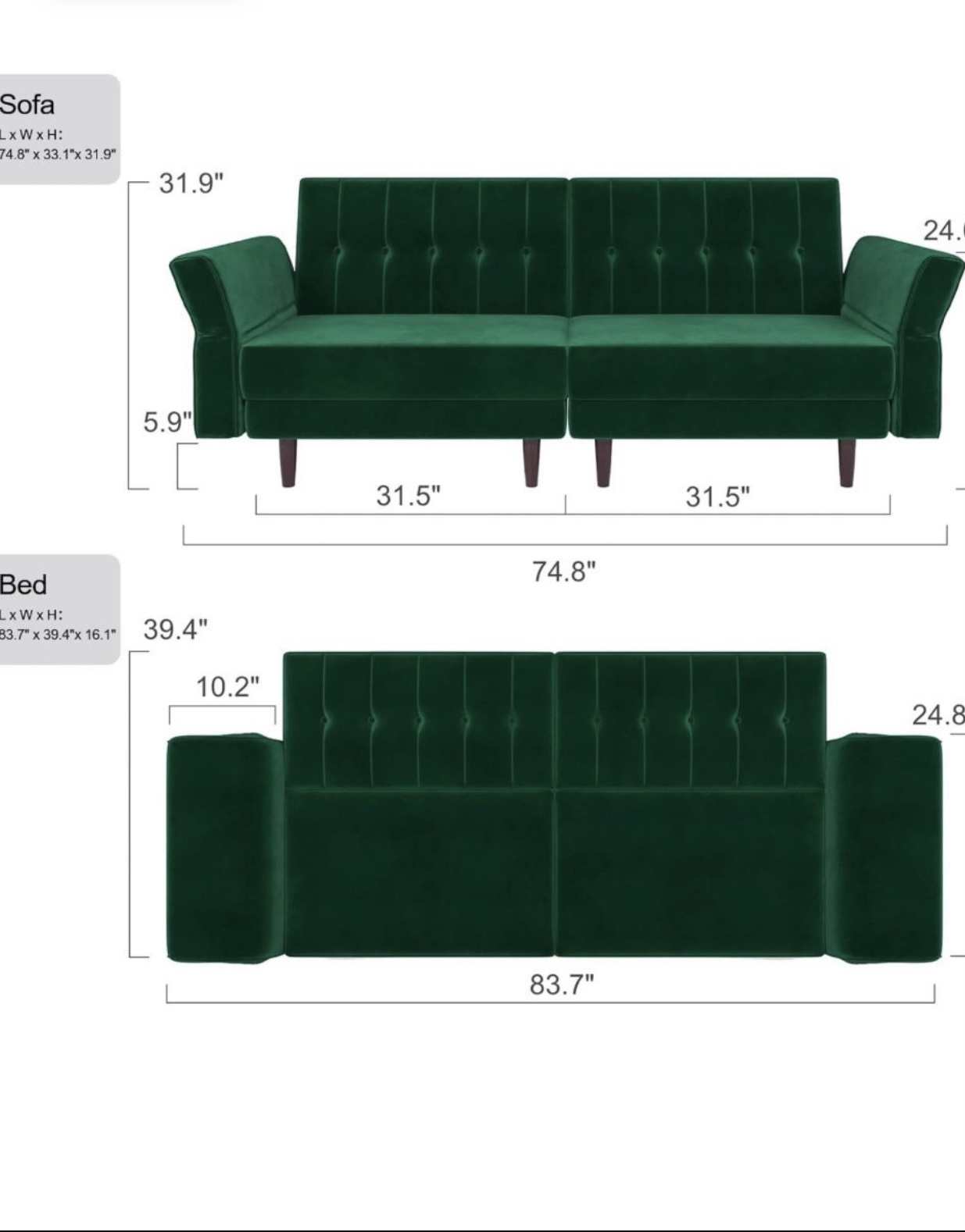 Velvet Convertible Memory Foam Futon Couch Sleeper Sofa Green - photo 2