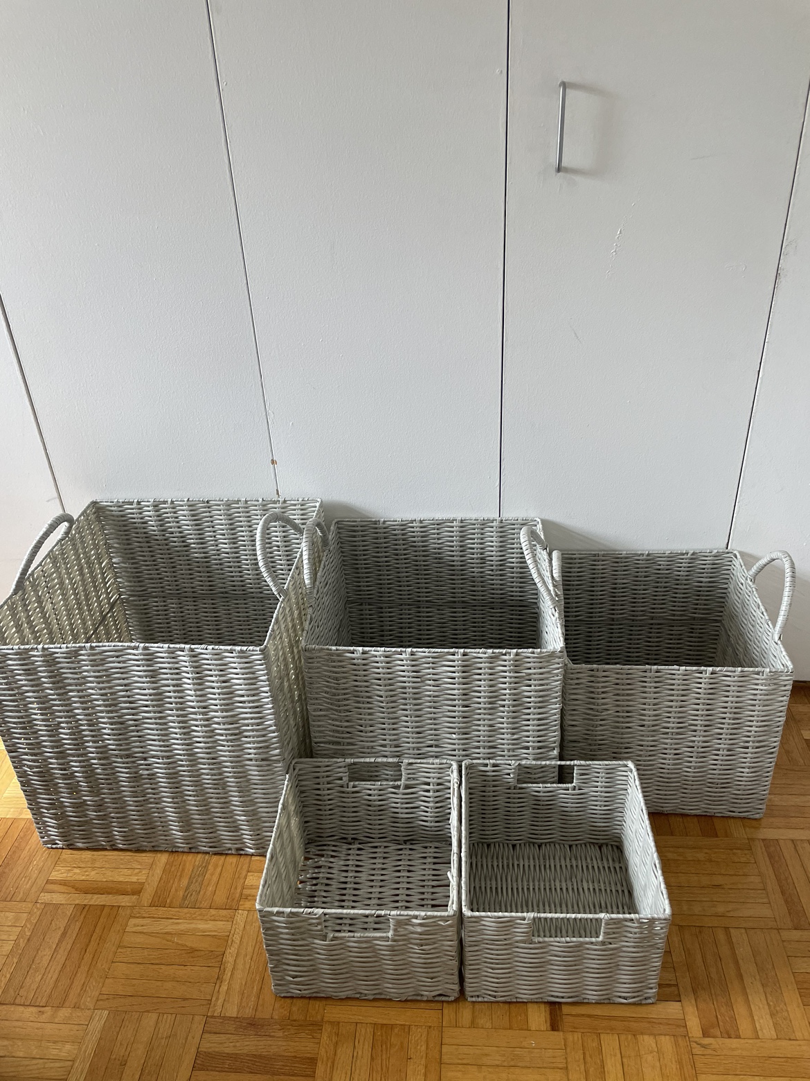 Grey stackable storage bins- set of 5