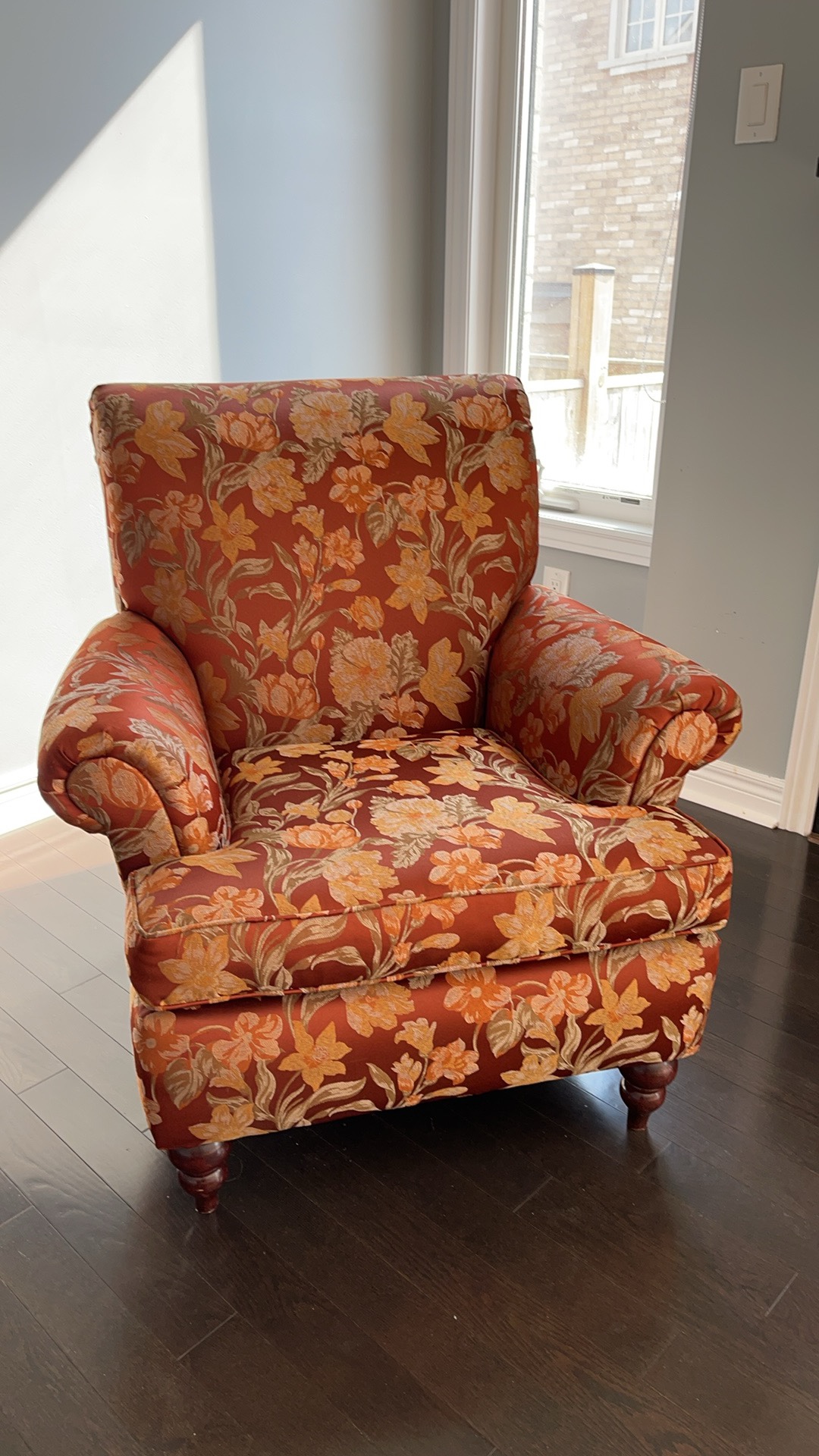 Comfy chair burnt orange, mocha and cream; make an offer