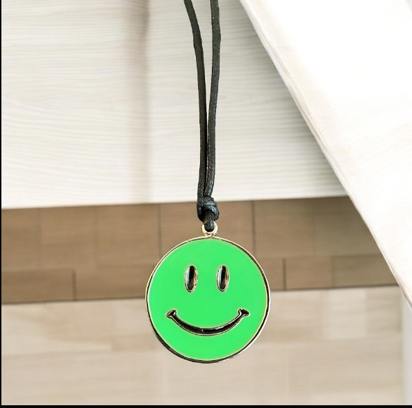 Emoji Green Smiley Face Black Eyes Smile Silver Toned Necklace image indicator(3)