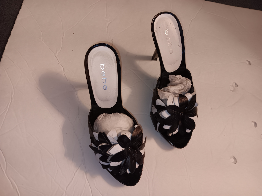bebe Blk/Wht leather platformed mules image indicator(2)