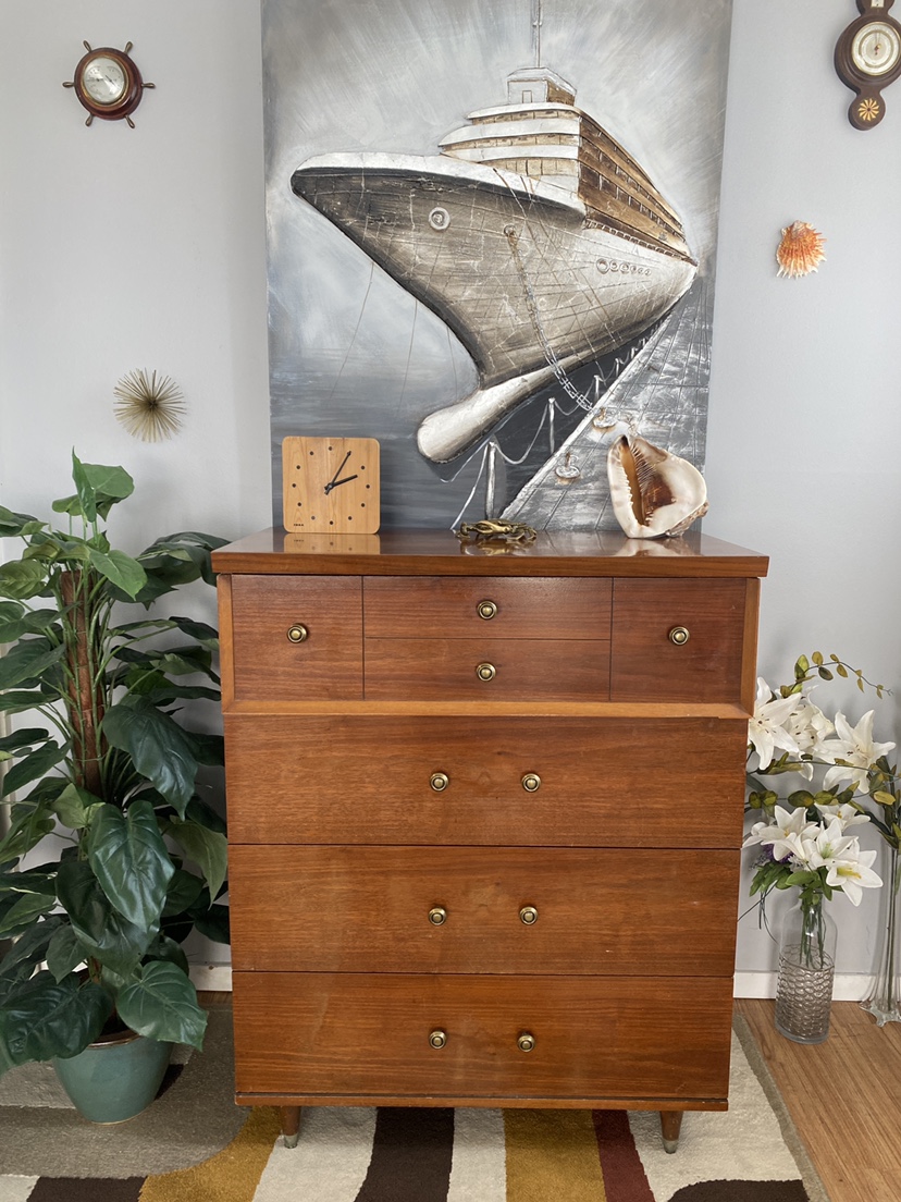 MCM Walnut Four Drawer Tallboy Dresser thumbnail