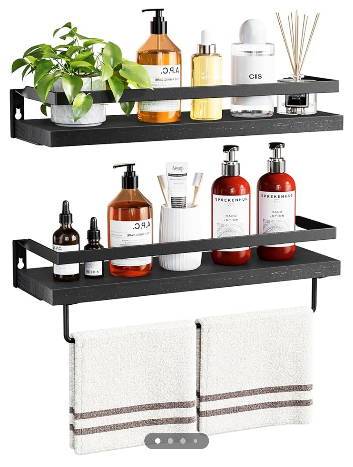Floating wooden shelves with optional towel bar