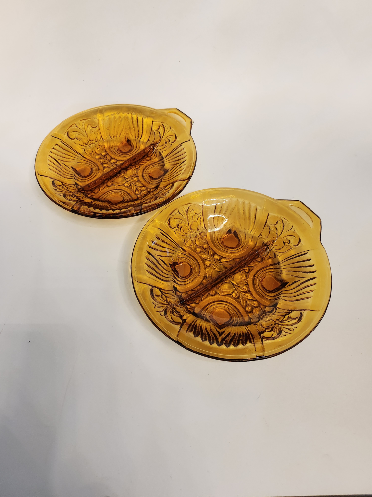 2 Vintage Amber Indiana Divided Glass Round Relish