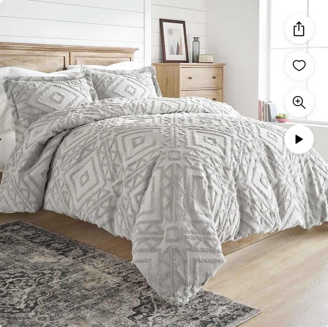 3-piece Gray Chenille Duvet Cover Set, Full/Queen