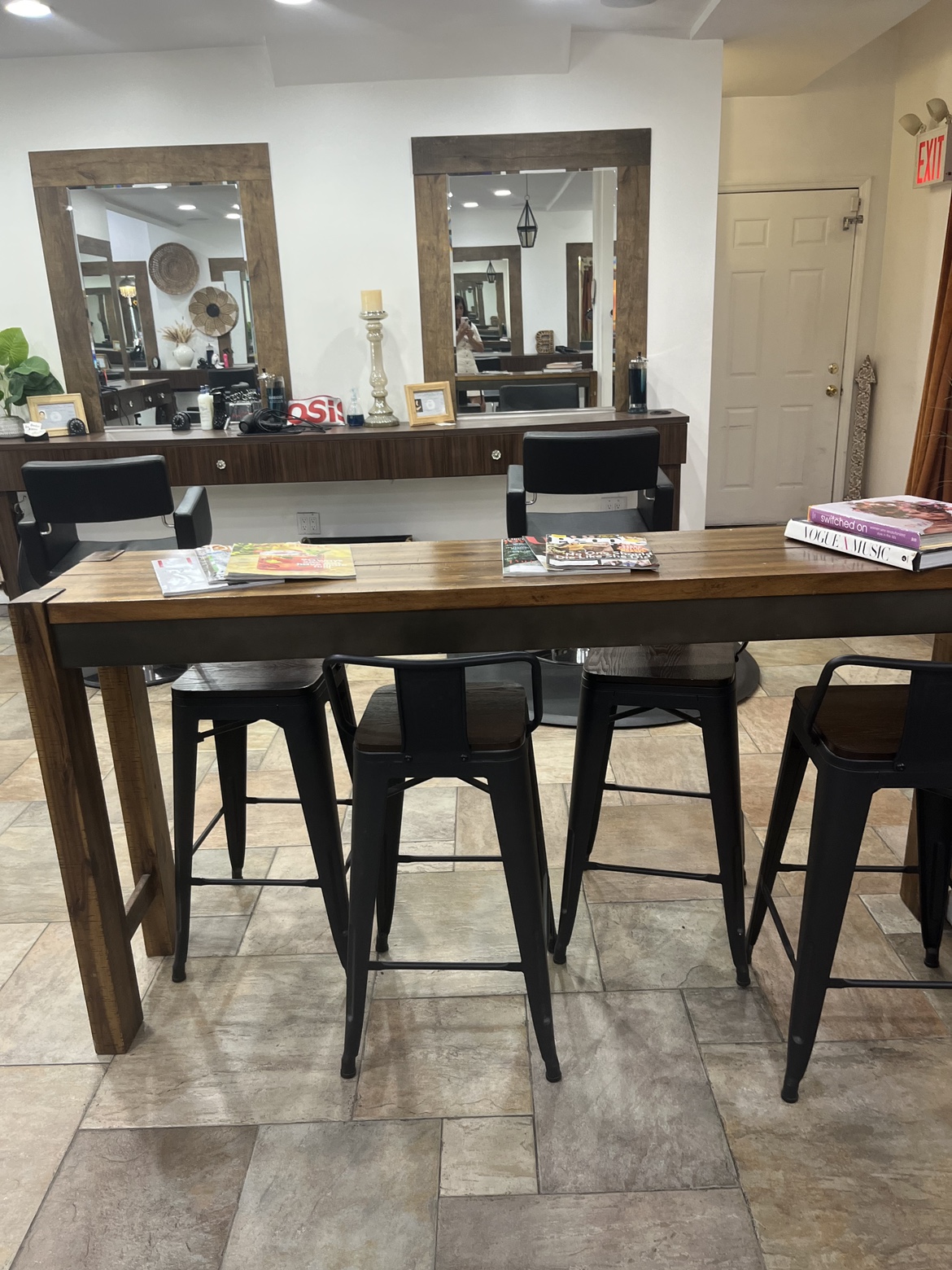 Wooden Table with Metal Stools