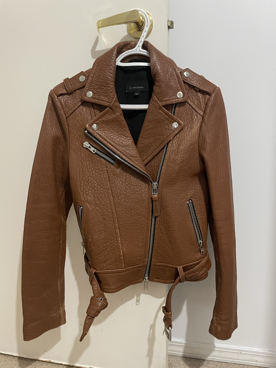Mackage + Aritzia leather moto jacket in warm brown size s