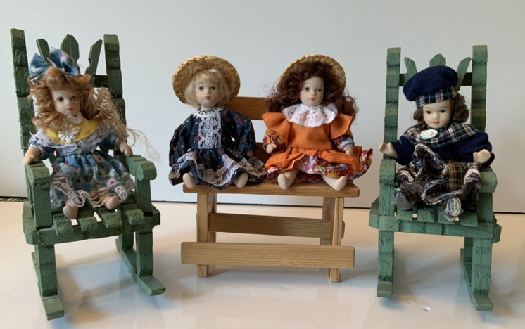 Miniature rocking chairs and bench and miniature porcelain dolls thumbnail