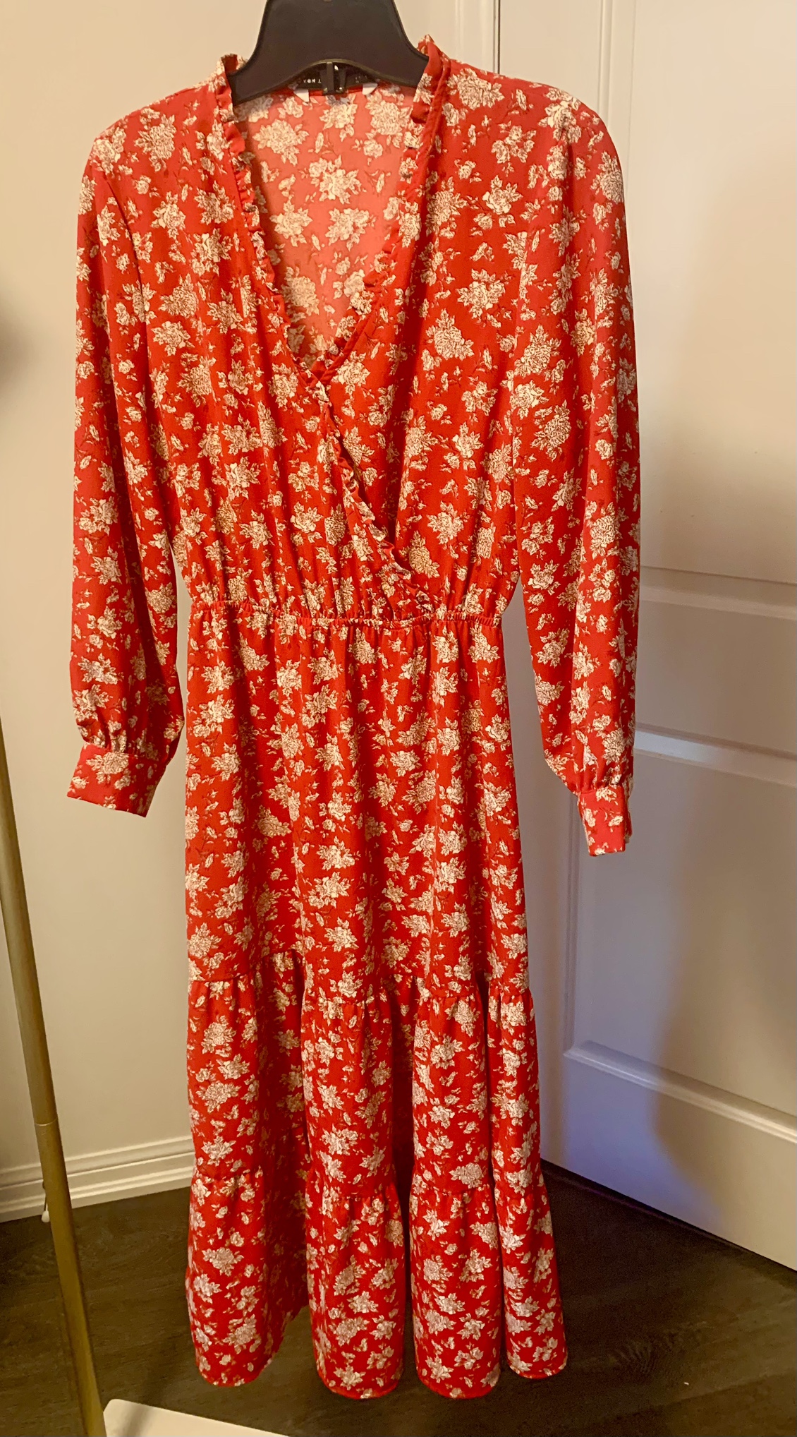 Red dress with cream floral print image indicator(2)