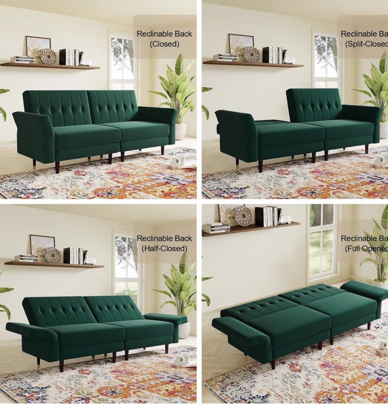 Velvet Convertible Memory Foam Futon Couch Sleeper Sofa Green - photo 3