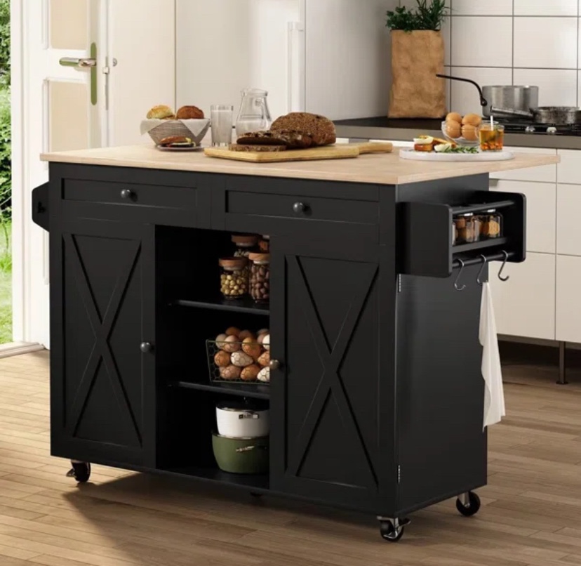 Kitchen Island on Wheels Storage Cabinet Drop Leaf Countertop thumbnail