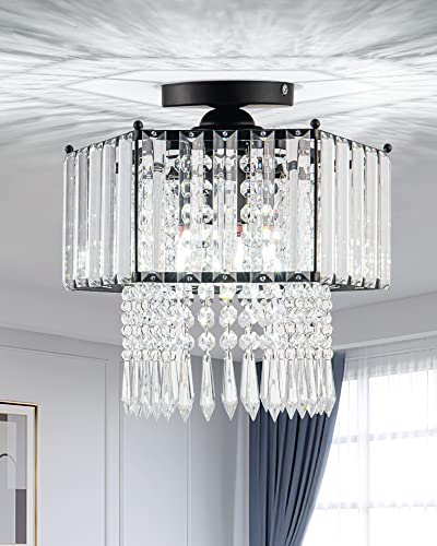 Crystal Chandelier black metal frame ceiling light fixture